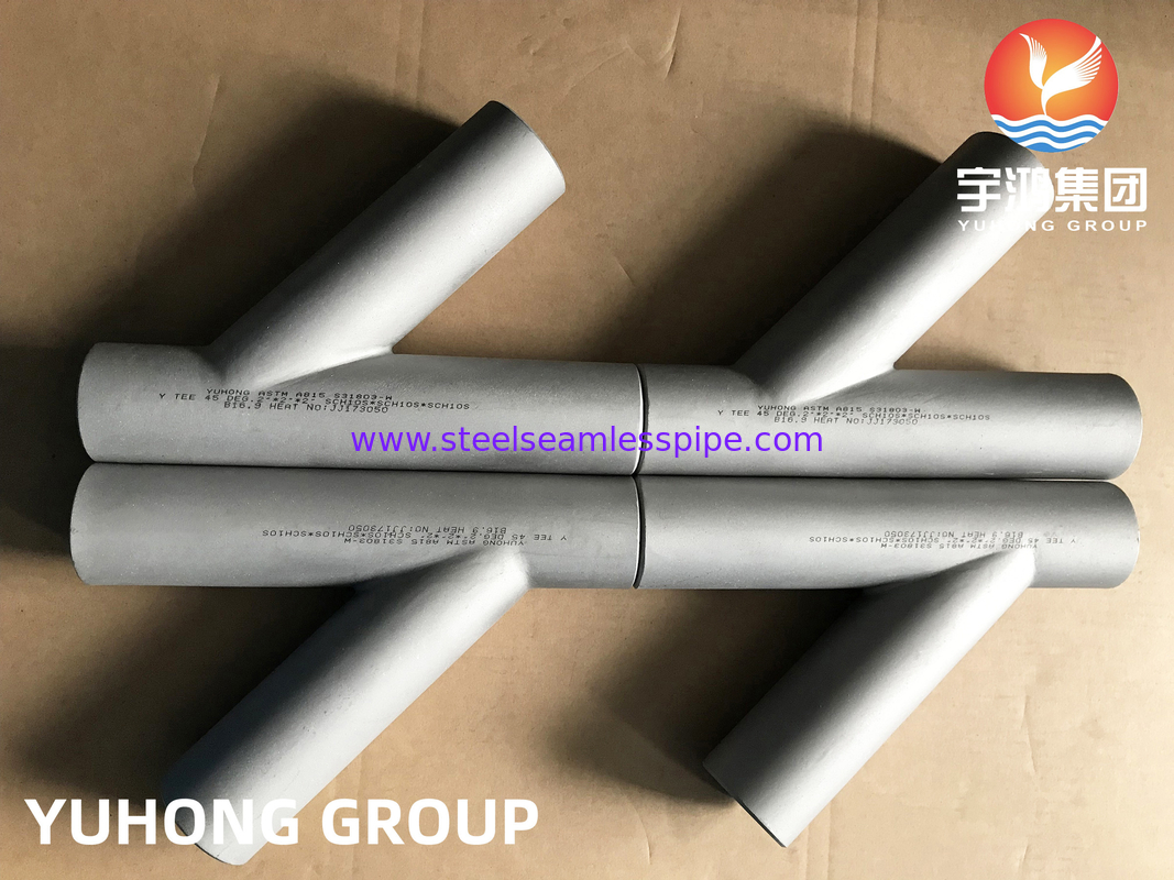 สแตนเลสดับเพลส ASTM A815 S31803, Y- Shape Tee, Butt Weld Pipe Fitting B169